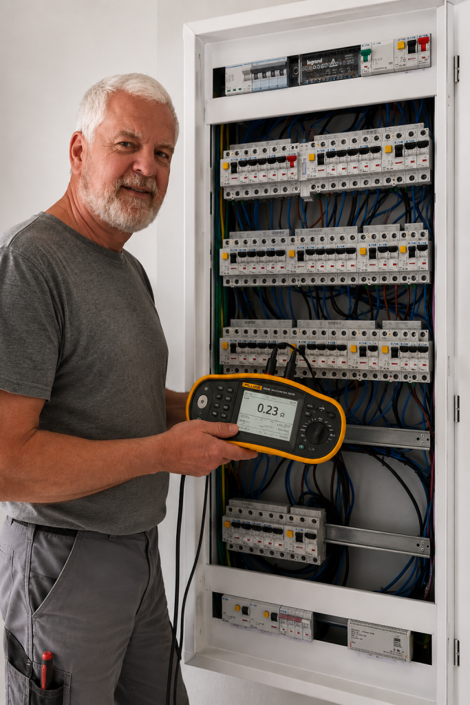 Elektromeister bei der Prüfung einer elektrischen Unterverteilung in Spanien
