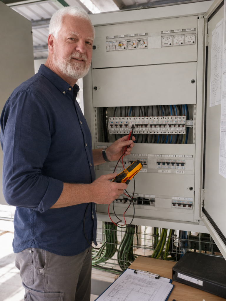 Elektromeister bei der Fehlersuche an einer offenen elektrischen Unterverteilung