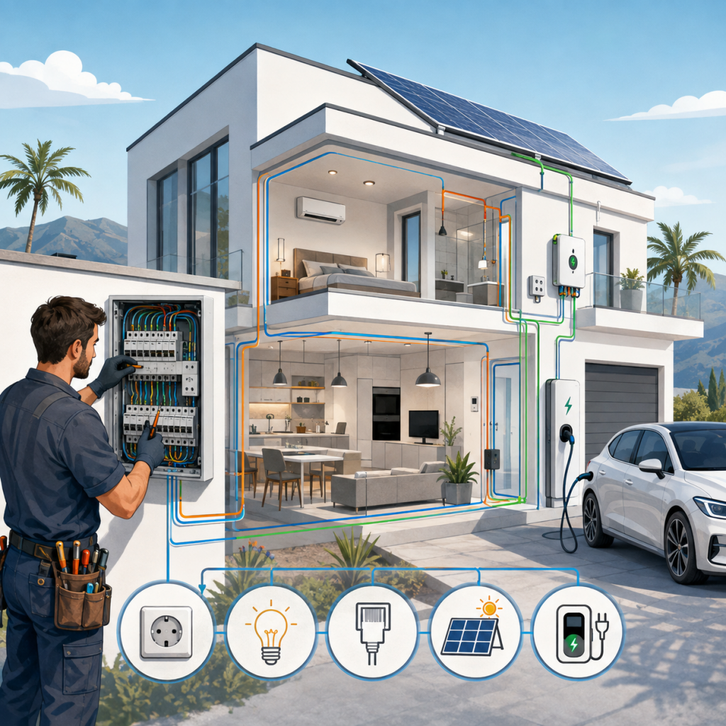 Elektriker bei der Elektroinstallation einer modernen Villa mit Photovoltaik und Wallbox