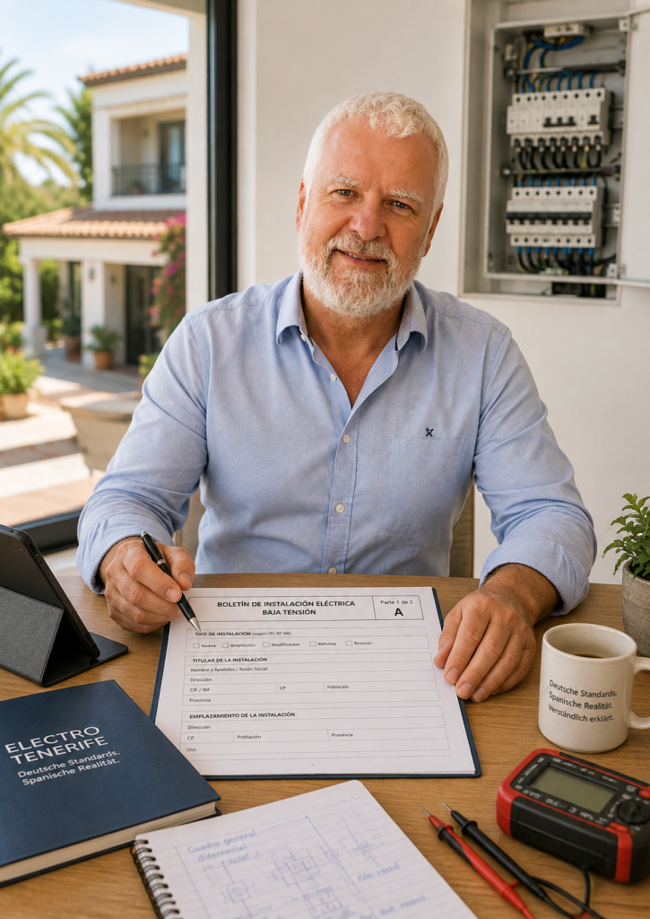 Elektromeister erklärt einem Kunden Boletín und MTD einer Elektroinstallation in Spanien