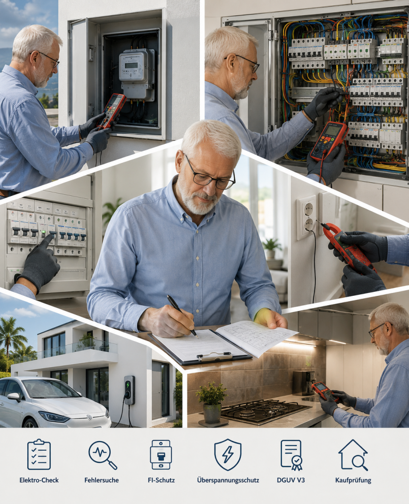 Elektroprüfung einer Elektroinstallation mit Messgeräten, Zähler und Unterverteilung auf Teneriffa